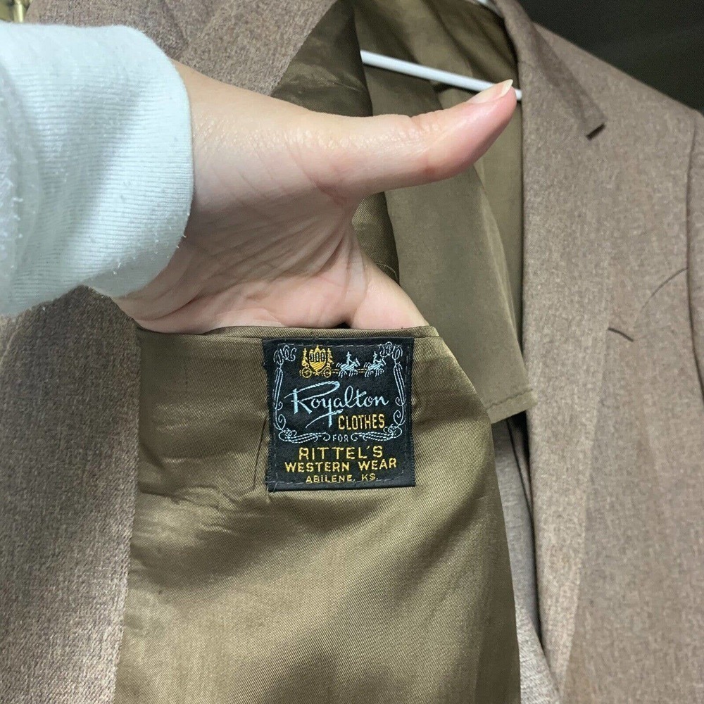 VTG 60s Rittels Western Wear Mens 42L Brown with Leather Trim Sport Coat - Picture 16 of 16